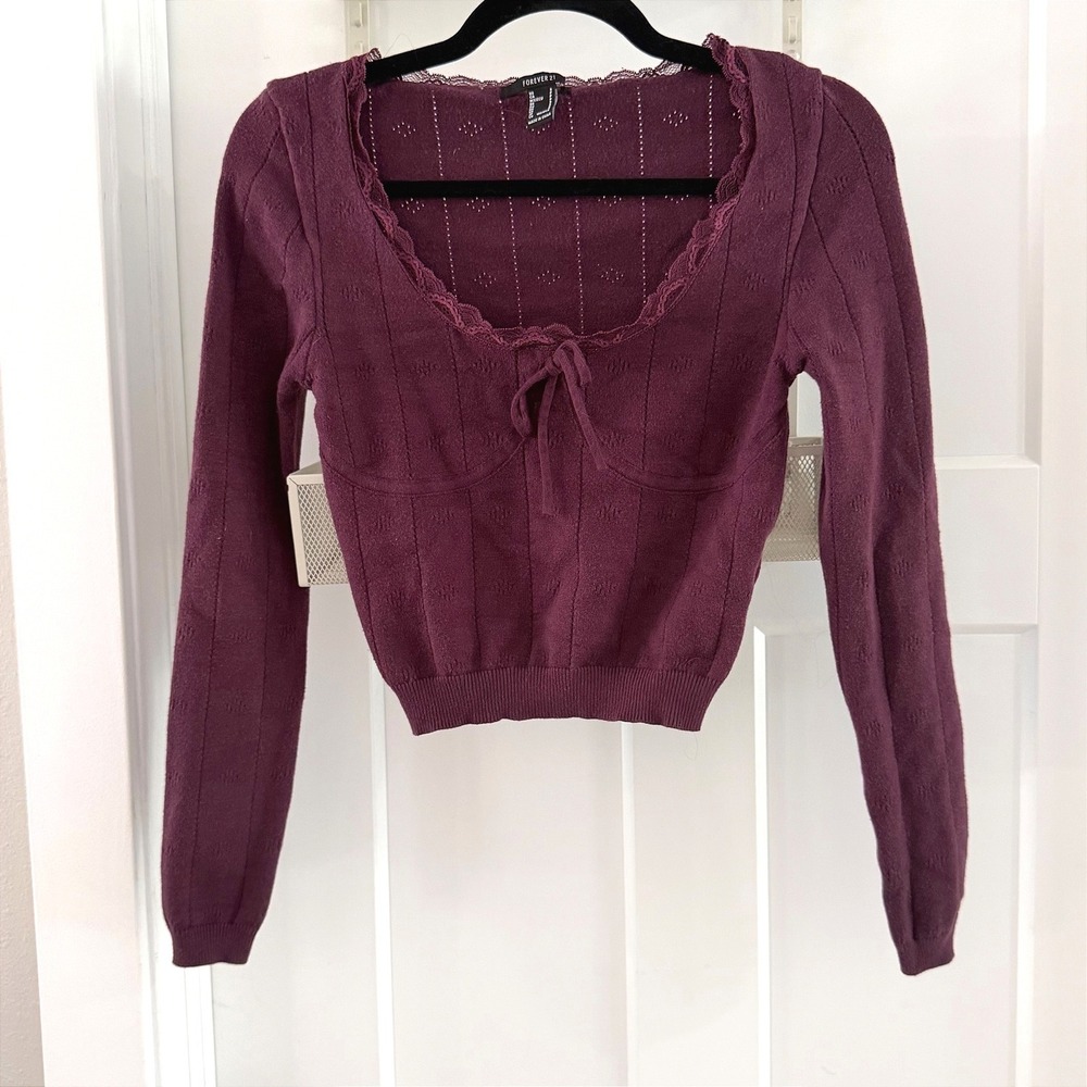 Forever 21 Womens Small Purple Lace Trim Pointelle Knit Long Sleeve Crop Sweater